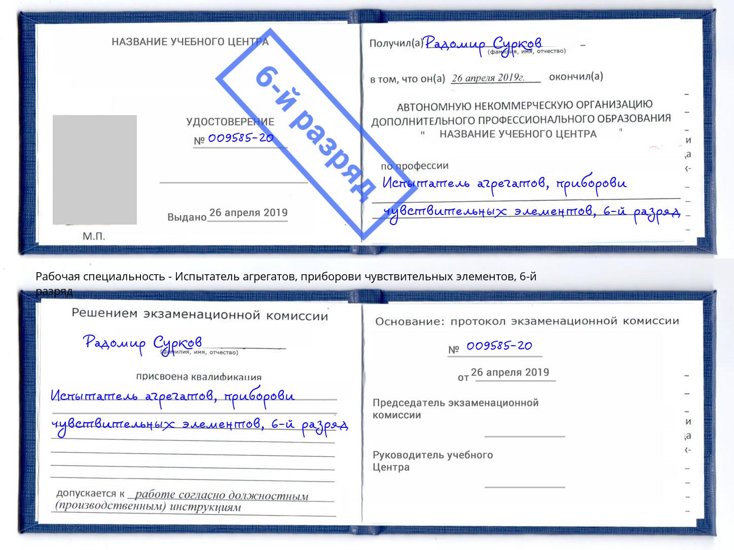 корочка 6-й разряд Испытатель агрегатов, приборови чувствительных элементов Углич
