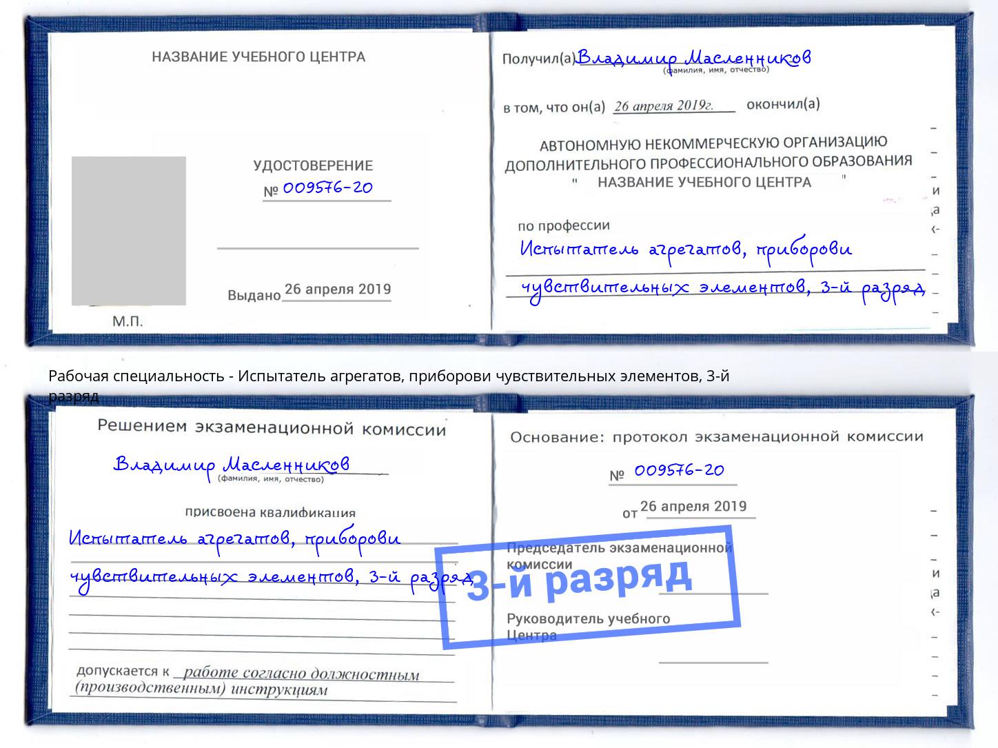 корочка 3-й разряд Испытатель агрегатов, приборови чувствительных элементов Углич