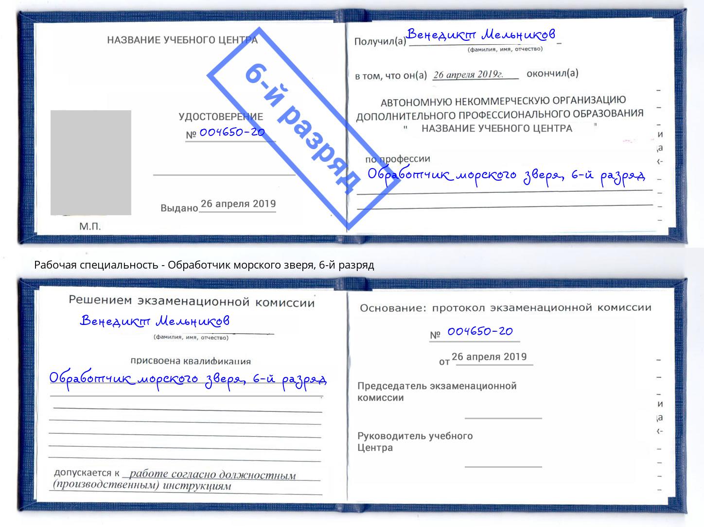 корочка 6-й разряд Обработчик морского зверя Углич