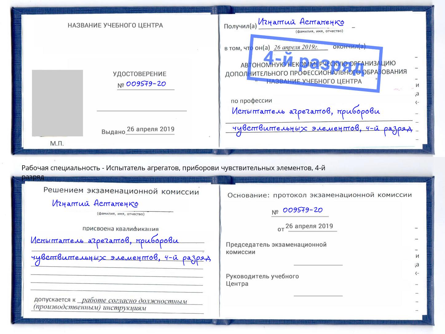 корочка 4-й разряд Испытатель агрегатов, приборови чувствительных элементов Углич