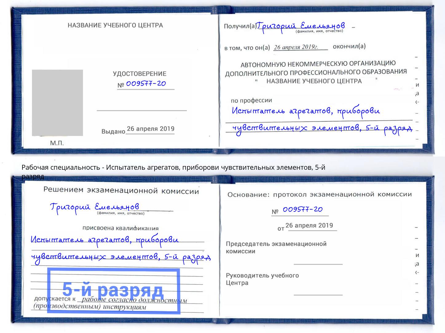 корочка 5-й разряд Испытатель агрегатов, приборови чувствительных элементов Углич