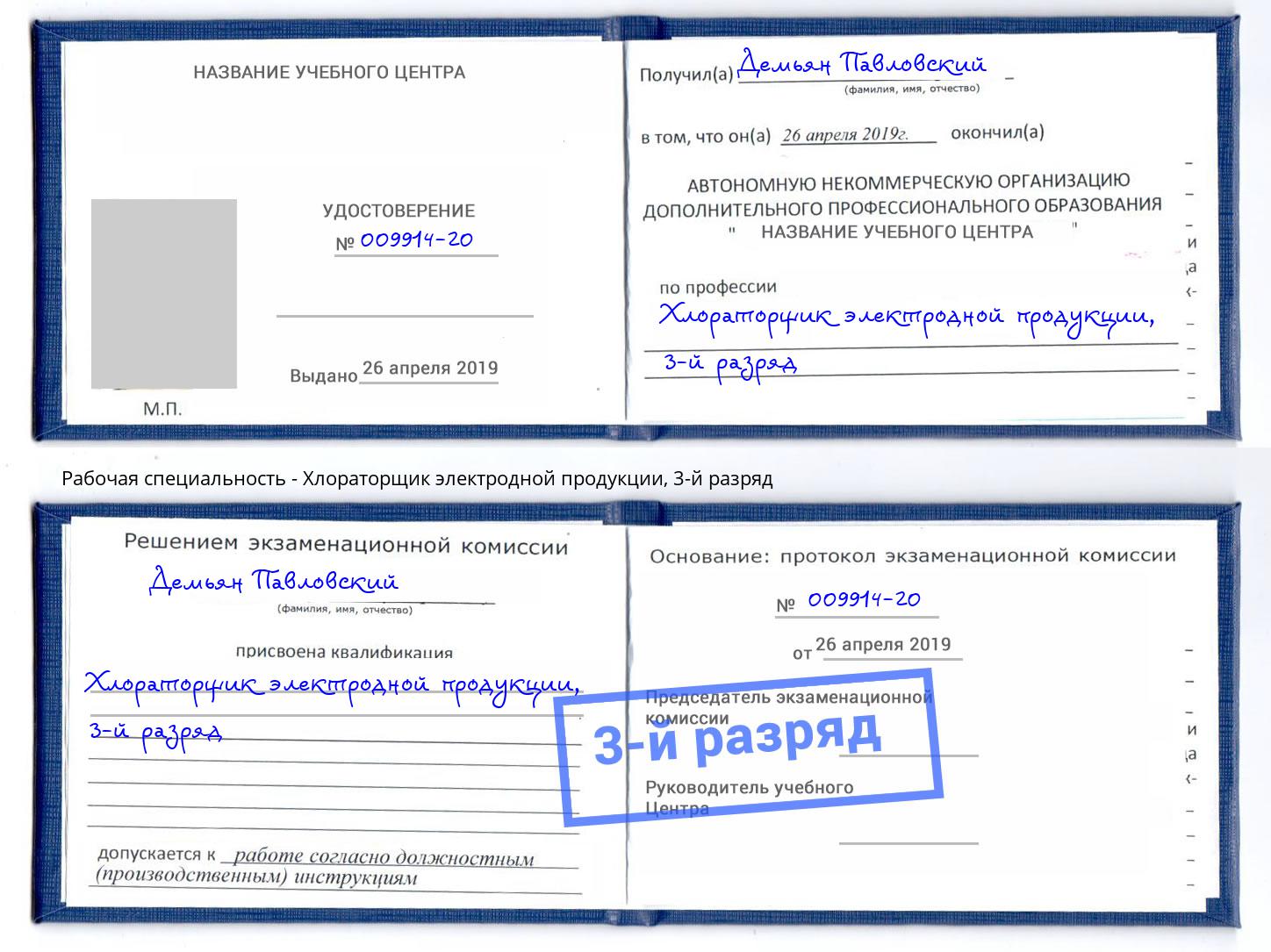 корочка 3-й разряд Хлораторщик электродной продукции Углич
