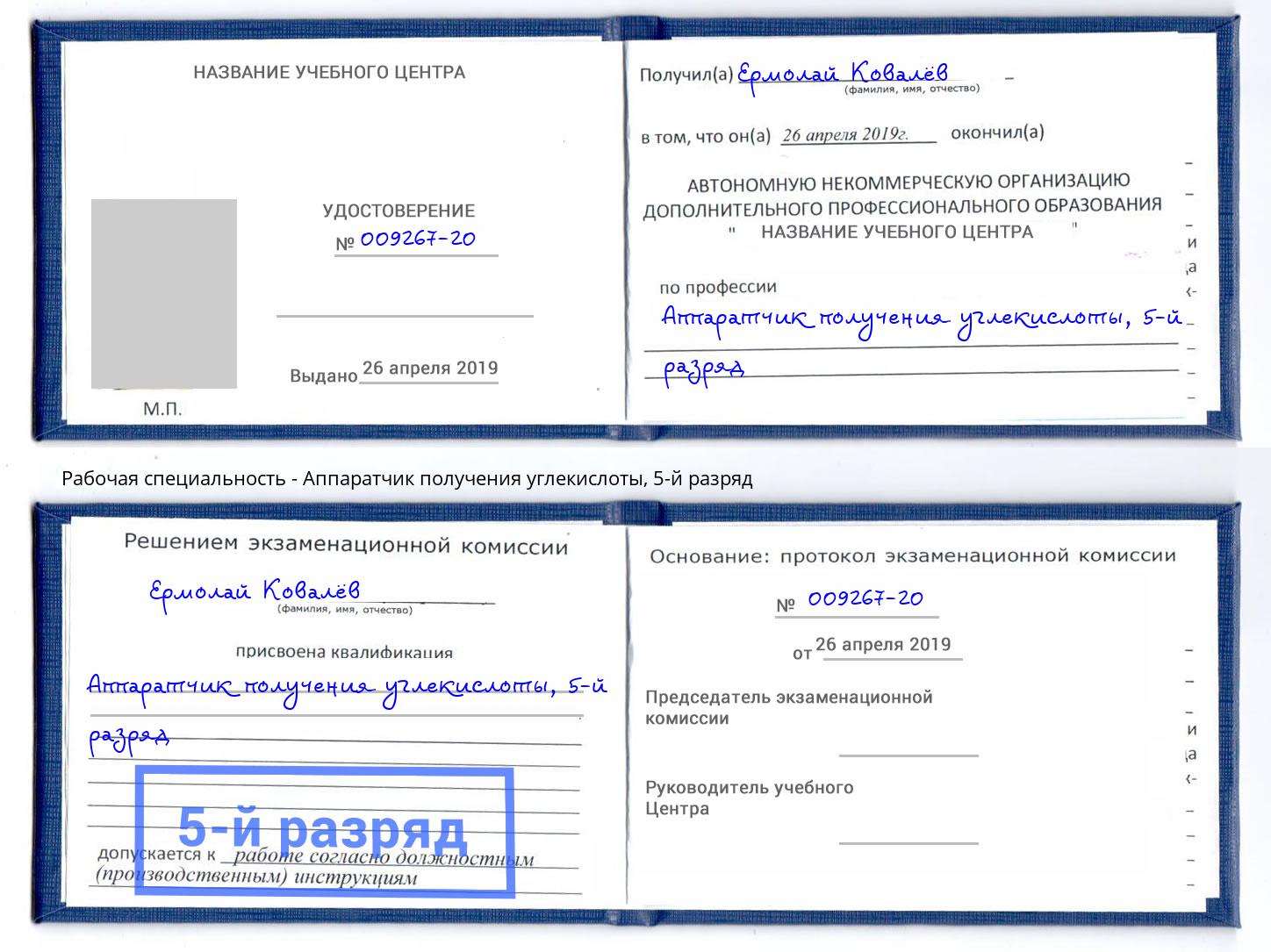 корочка 5-й разряд Аппаратчик получения углекислоты Углич