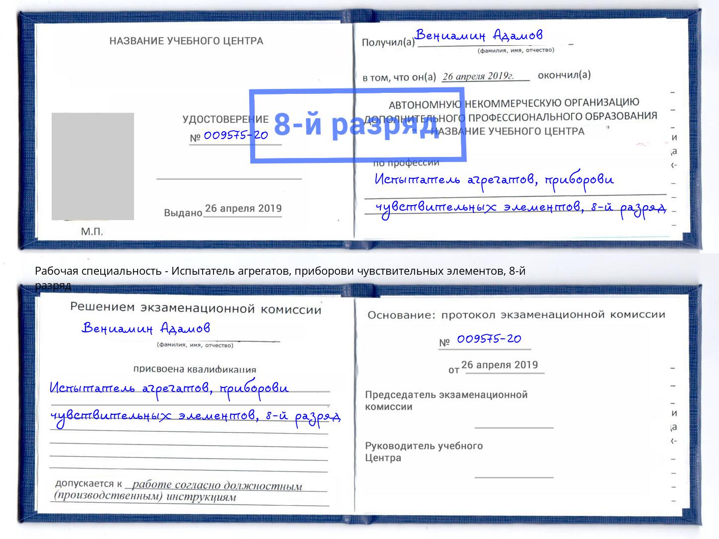 корочка 8-й разряд Испытатель агрегатов, приборови чувствительных элементов Углич